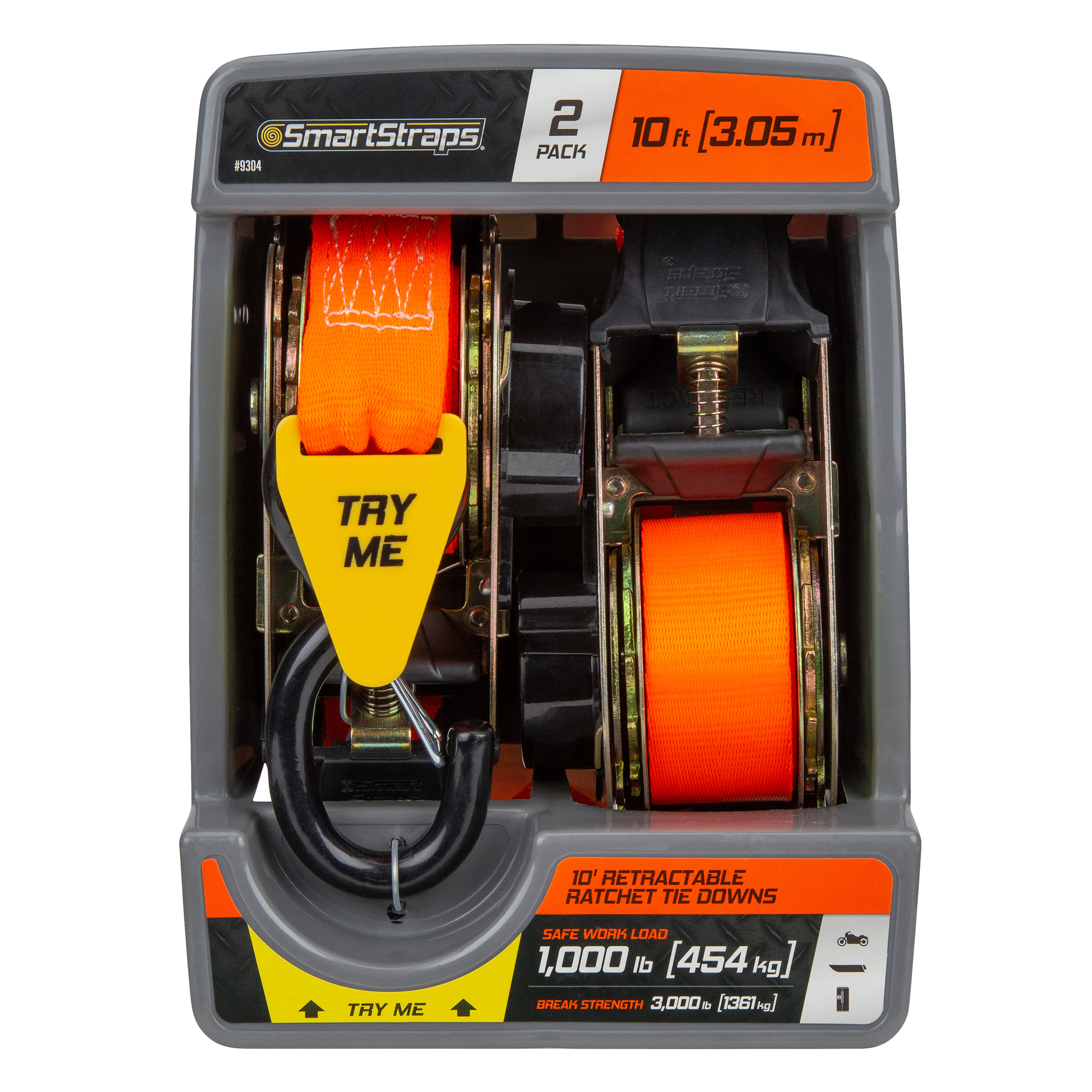 SmartStraps, 10ft. 3000lb Retractable Ratchet TieDown-Gated Hook 2Pk Orange, Working Load 1000 lb, Straps (qty.) 2 Breaking Strength 3000 lb, Model# 9304